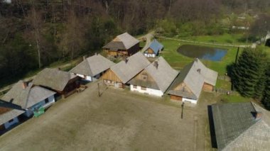 Skansen Müzesi Galiçya Pazarı Sanok Hava Görüntüsü Polonya. Yüksek kalite 4k görüntü