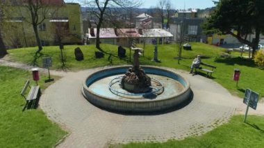 Fountain Girl In The Rain Sanok Fontanna Aerial View Poland. High quality 4k footage