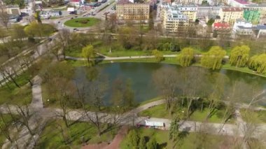 Pond Staw Podzamecki Kielce Aerial View Poland. High quality 4k footage