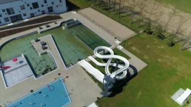 Recreation Center Sanok Mosir Swimming Pool Aerial View Poland. High quality 4k footage
