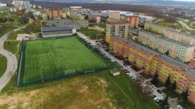 Sunny Hill Football Field Kielce Sloneczne Wzgorze Aerial View Poland. High quality 4k footage