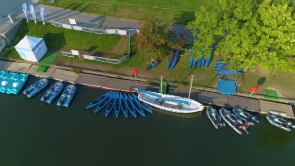 Kayaks Acqua Biciclette Fiume Elblag Vista Aerea Polonia Filmati Alta — Video Stock