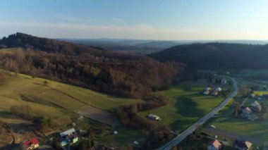 Beautiful Mountain Landscape Panorama Sanok Aerial View Poland. High quality 4k footage