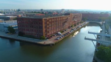 Shipyard Street River Elblag Stoczniowa Aerial View Poland. High quality 4k footage