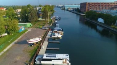 Boats River Elblag Kanal Miejski Aerial View Poland. High quality 4k footage
