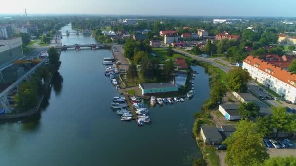 Barche River Elblag Kanal Miejski Vista Aerea Polonia Filmati Alta — Video Stock
