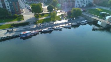 Elblag Coast Bridge Motor Boats Wybrzeze Gdanskie Aerial View Poland. High quality 4k footage