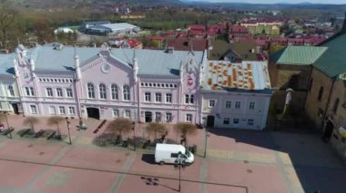 Panorama Of The Town Hall Hill Sanok Ratusz Aerial View Poland. High quality 4k footage