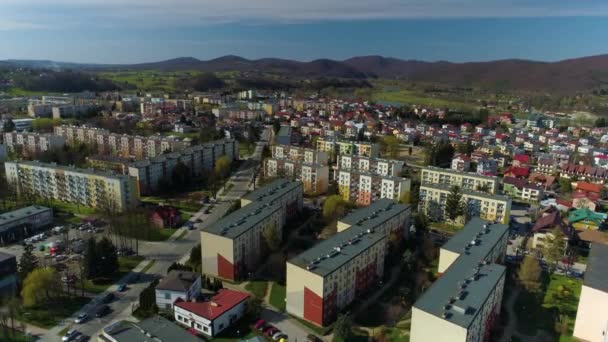 Schöne Berglandschaft Panorama Sanok Luftaufnahme Polen Hochwertiges Filmmaterial — Stockvideo