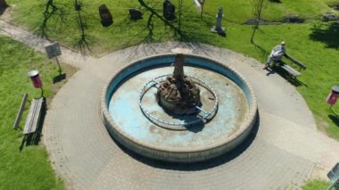 Fountain Girl In The Rain Sanok Fontanna Aerial View Poland. High quality 4k footage