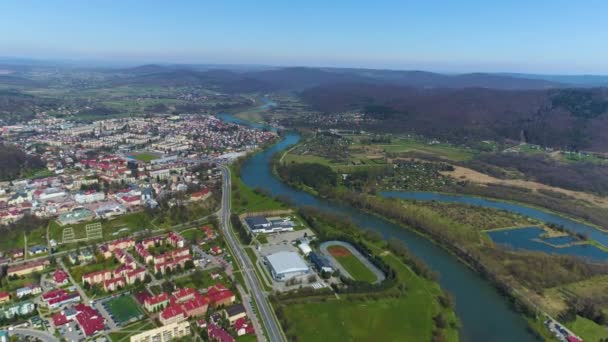 Schöne Panorama Mountains River San Valley Sanok Luftaufnahme Polen Hochwertiges — Stockvideo