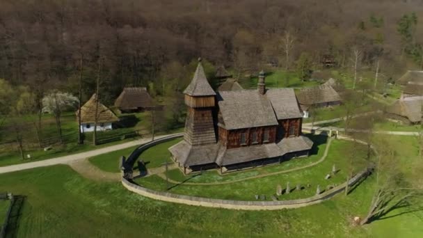 Skansen Wooden Sanok Church Aerial View Poland High Quality Footage — Stockvideo