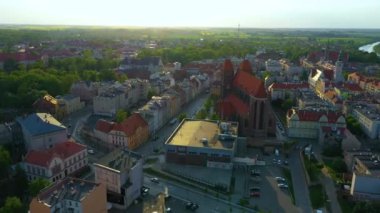 Panorama Of Saint Mikolaj Church Brzeg Kosciol Aerial View Poland. High quality 4k footage