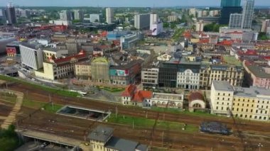 Station Street Downtown Tracks Katowice Dworcowa Aerial View Poland. High quality 4k footage