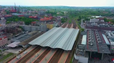 Railway Station Katowice Centrum Stacja Kolejowa Aerial View Poland. High quality 4k footage