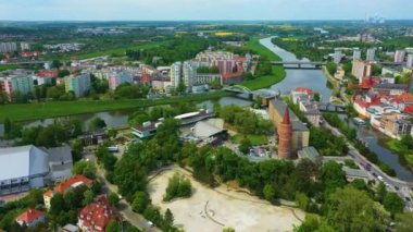 Mlynowka Kanalı Odra Nehri Opole Hava Görüntülü Polonya Köprüsü. Yüksek kalite 4k görüntü