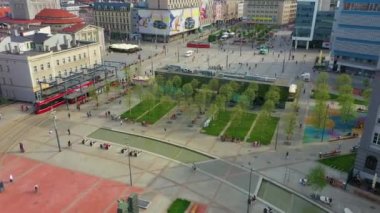 Market Square Downtown Katowice Rynek Aerial View Poland. High quality 4k footage