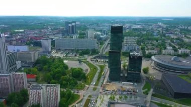 Skyscrapers Panorama Roundabout Katowice Spodek Aerial View Poland. High quality 4k footage