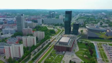 Skyscrapers Panorama Roundabout Katowice Spodek Aerial View Poland. High quality 4k footage