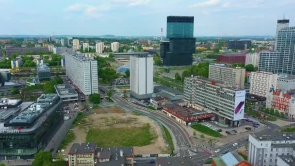 Skyscrapers Panorama Roundabout Katowice Spodek Aerial View Poland High Quality — 비디오