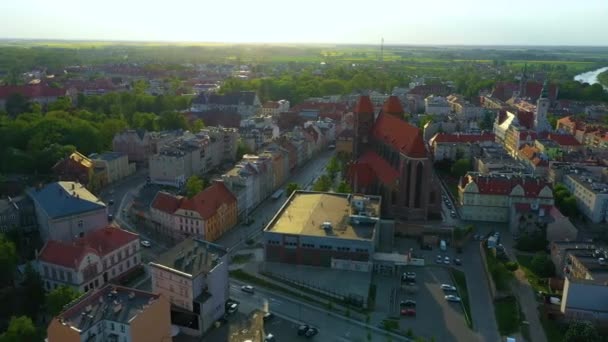 Panorama Saint Mikolaj Church Brzeg Kosciol Aerial View Poland High — Stock video