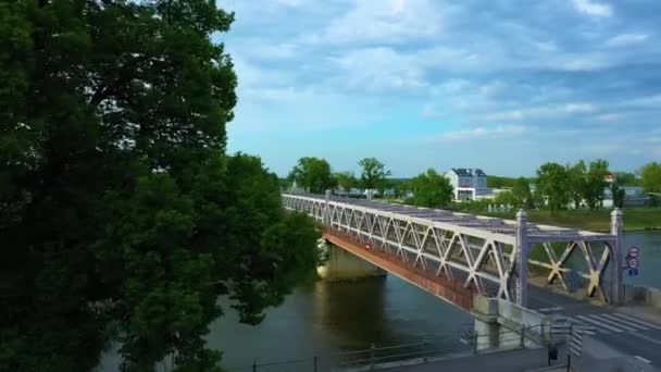 Piastowski Bridge River Odra Brzeg Mest Flygfoto Polen Högkvalitativ Film — Stockvideo