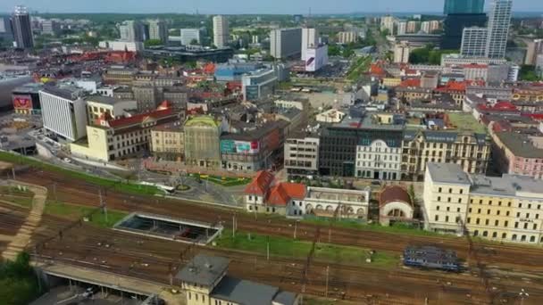 Station Street Downtown Tracks Katowice Dworcowa Vista Aerea Polonia Filmati — Video Stock