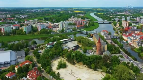 Mlynowka Kanalı Odra Nehri Opole Hava Görüntülü Polonya Köprüsü Yüksek — Stok video