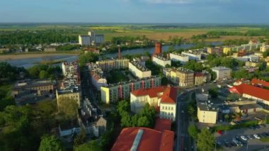 Beautiful Panorama River Odra Brzeg Rzeka Aerial View Poland. High quality 4k footage