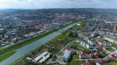 Panorama Köprüsü Kapısı Nehri San Przemysl Hava Görüntüsü Polonya. Yüksek kalite 4k görüntü