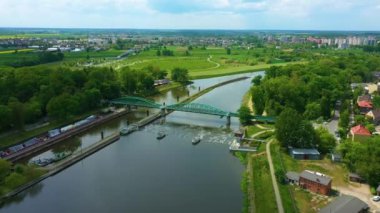 Bridge On The Odra River Opole Most Rzeka Aerial View Poland. High quality 4k footage