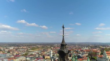 Cross On The Tower Of Cathedral Przemysl Katedra Aerial View Poland. High quality 4k footage