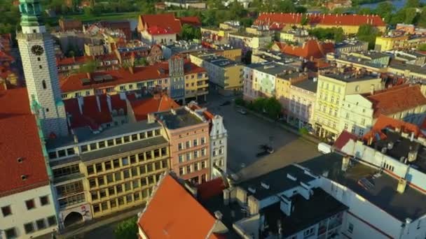 Рыночная Площадь Старого Города Бжег Ратуш Рынек Воздушный Вид Польшу — стоковое видео