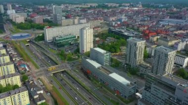 Panorama Skyscrapers Bank Katowice Wiezowce Aerial View Poland. High quality 4k footage