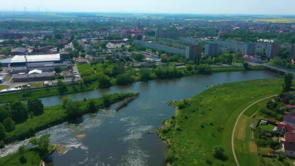 Beautiful Landscape River Odra Olawa Rzeka Aerial View Poland High — Stock video