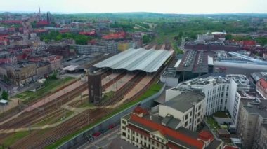 Panorama Tracks Railway Station Katowice Centrum Aerial View Poland. High quality 4k footage