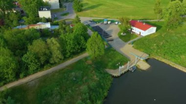 River Harbor Odra Brzeg Przystan Aerial View Poland. High quality 4k footage