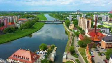 Bridge Over The River Odra Opole Aerial View Poland. High quality 4k footage
