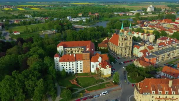 Panorama Castle Εκκλησία Odra Brzeg Zamek Kosciol Aerial View Πολωνία — Αρχείο Βίντεο