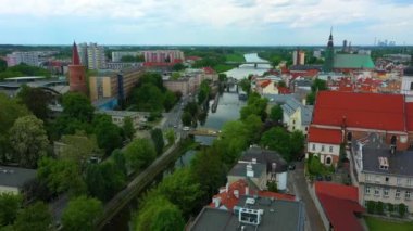 Panorama Mlynowka Canal Odra River Bridges Opole Aerial View Poland. High quality 4k footage