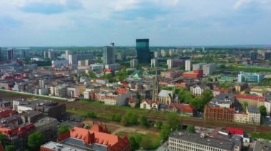 Panorama Tracks Downtown Katowice Aerial View Poland. High quality 4k footage