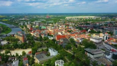 Panorama Main Square River Odra Opole Rynek Ratusz Aerial View Poland. High quality 4k footage