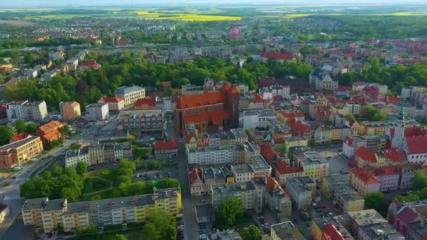 Panorama Kostela Svatého Mikolaje Brzeg Kosciol Aerial View Polsko Vysoce — Stock video