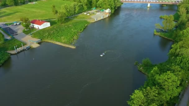 Motorboat River Odra Brzeg Motorowka Rzeka Aerial View Poland High — Video