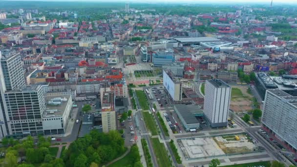 Panorama Center Downtown Katowice Centrum Aerial View Polen Hoge Kwaliteit — Stockvideo
