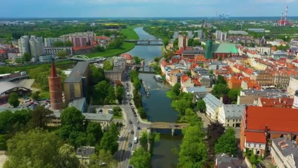 Канал Млыновка Соединяет Мосты Через Реку Одра Воздушным Видом Польшу — стоковое видео