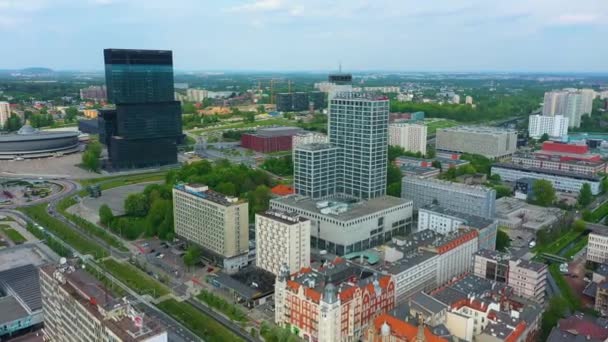 Skyscrapers Panorama Katowice Wiezowce Spodek Aerial View Poland High Quality — 비디오
