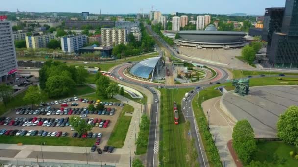 Roundabout Katowice Rondo Spodek Aerial View Poland High Quality Footage — Vídeos de Stock