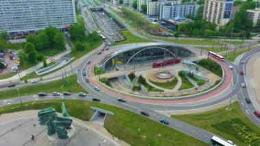 Roundabout Katowice Rondo Spodek Aerial View Poland. High quality 4k footage