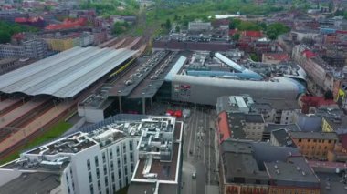 Main Railway Station Katowice Dworzec Galeria Aerial View Poland. High quality 4k footage